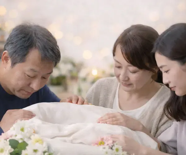 花に囲まれたペットを家族で見送る様子