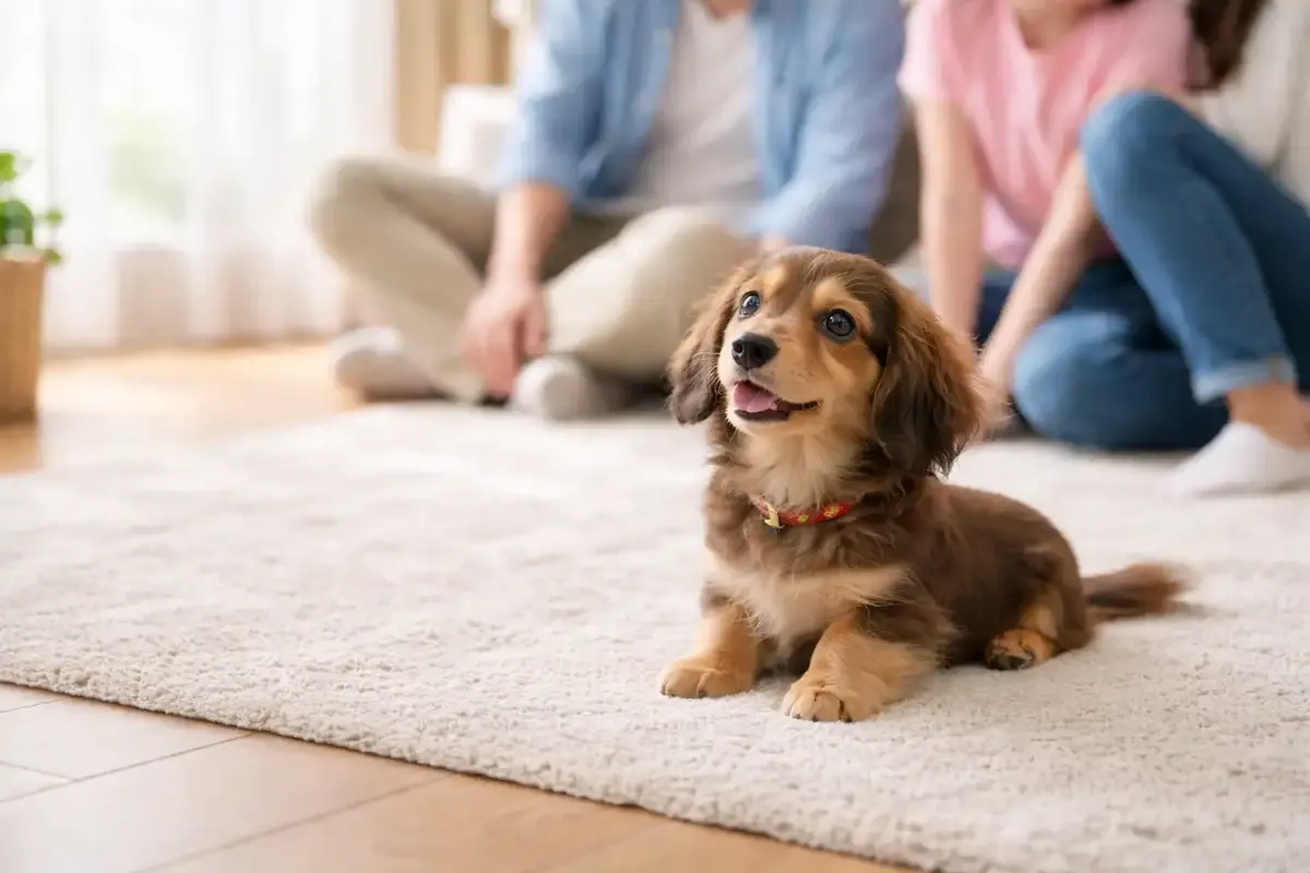 家族と一緒に自宅でくつろぐ犬