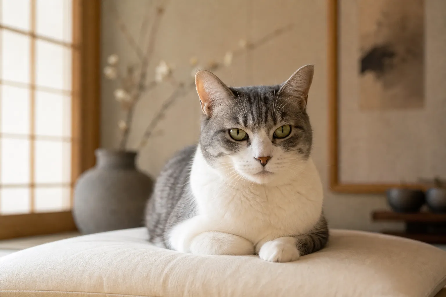 クッションの上に座る猫